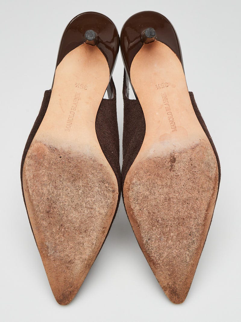 【未使用】MANOLO BLAHNIK ブラウン スエード 35.5 Manolo Blahnik Brown Canvas Slingback Pumps Size 5/35.5 | Yoogi's