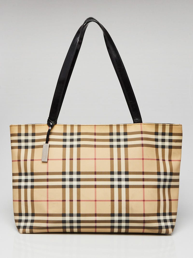Burberry Haymarket Check Coated Canvas Brown Leather Tote Bag