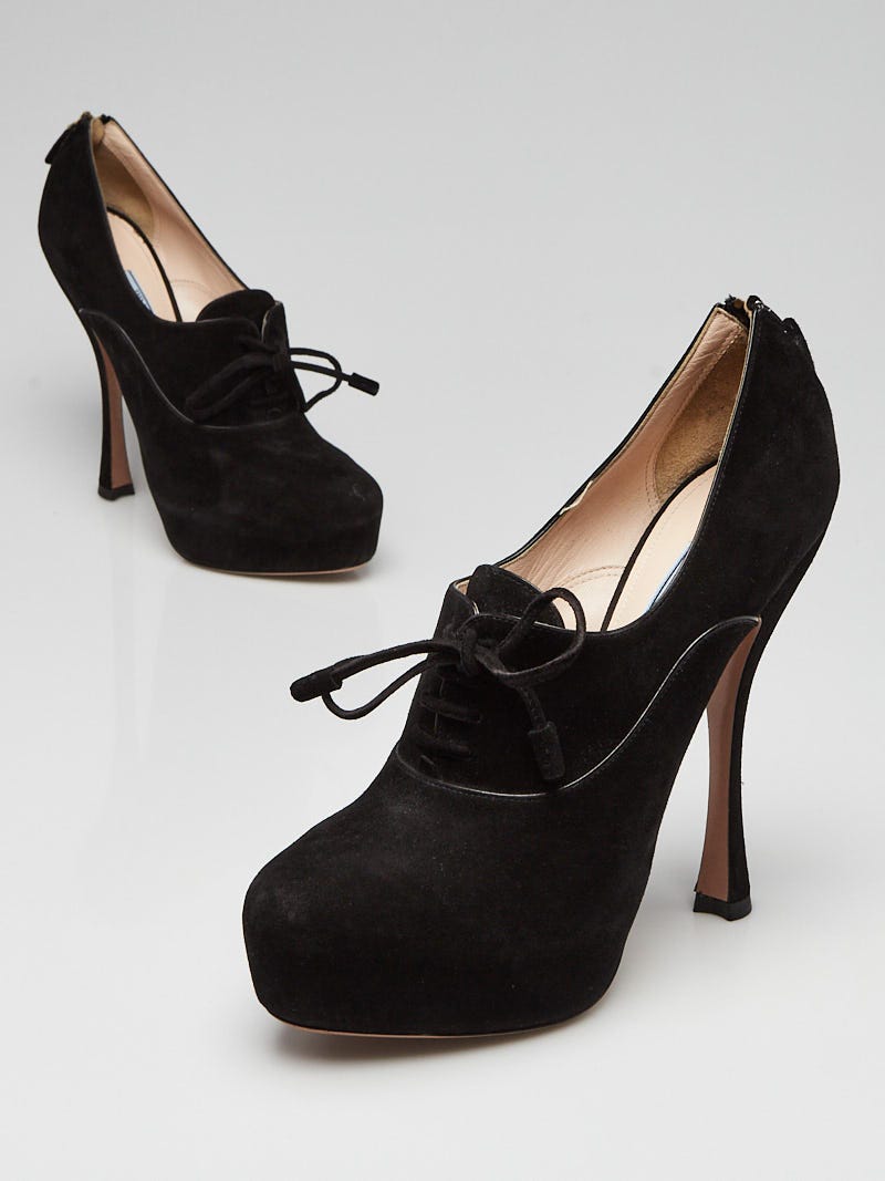 靴 Prada Suede Leather Heels Prada Black Suede Platform Lace Up Heels Size 9.5/40 | Yoogi's Closet