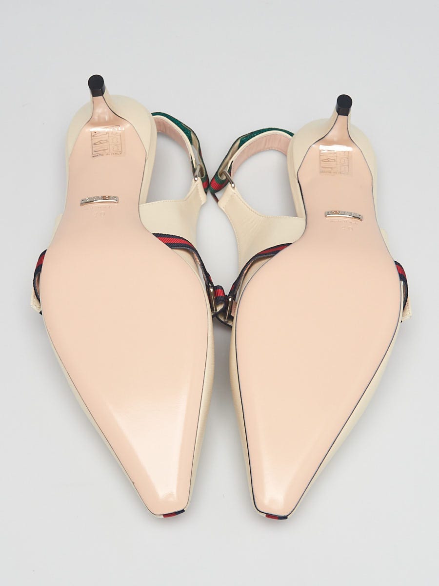 VIP【関税送料無料】希少 Gucci Wering 45 Slingback Gucci White Leather Gold Star Slingback Pumps Size 4/34.5