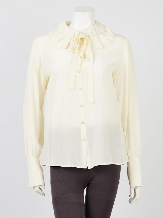 Chloe Vanilla Ice Silk Bow Tie Ruffle Collar Button Up Shirt Size 0/34