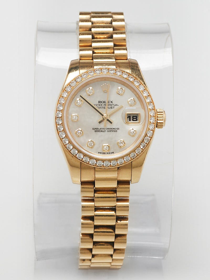 Rolex Ladies Oyster President Datejust Watch Factory Diamond Bezel 18 Karat  Gold