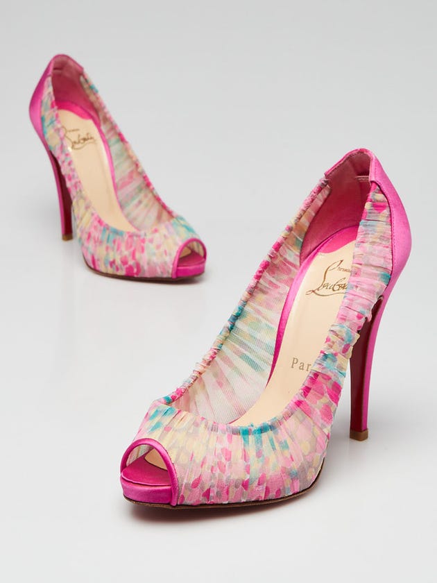 Christian Louboutin Pink Impression Crepe Satin/Chiffon Parisienne 90 Peep Toe Pumps Size 5.5/36
