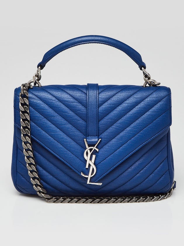 Yves Saint Laurent Blue Chevron Quilted Leather Monogram Medium College Bag