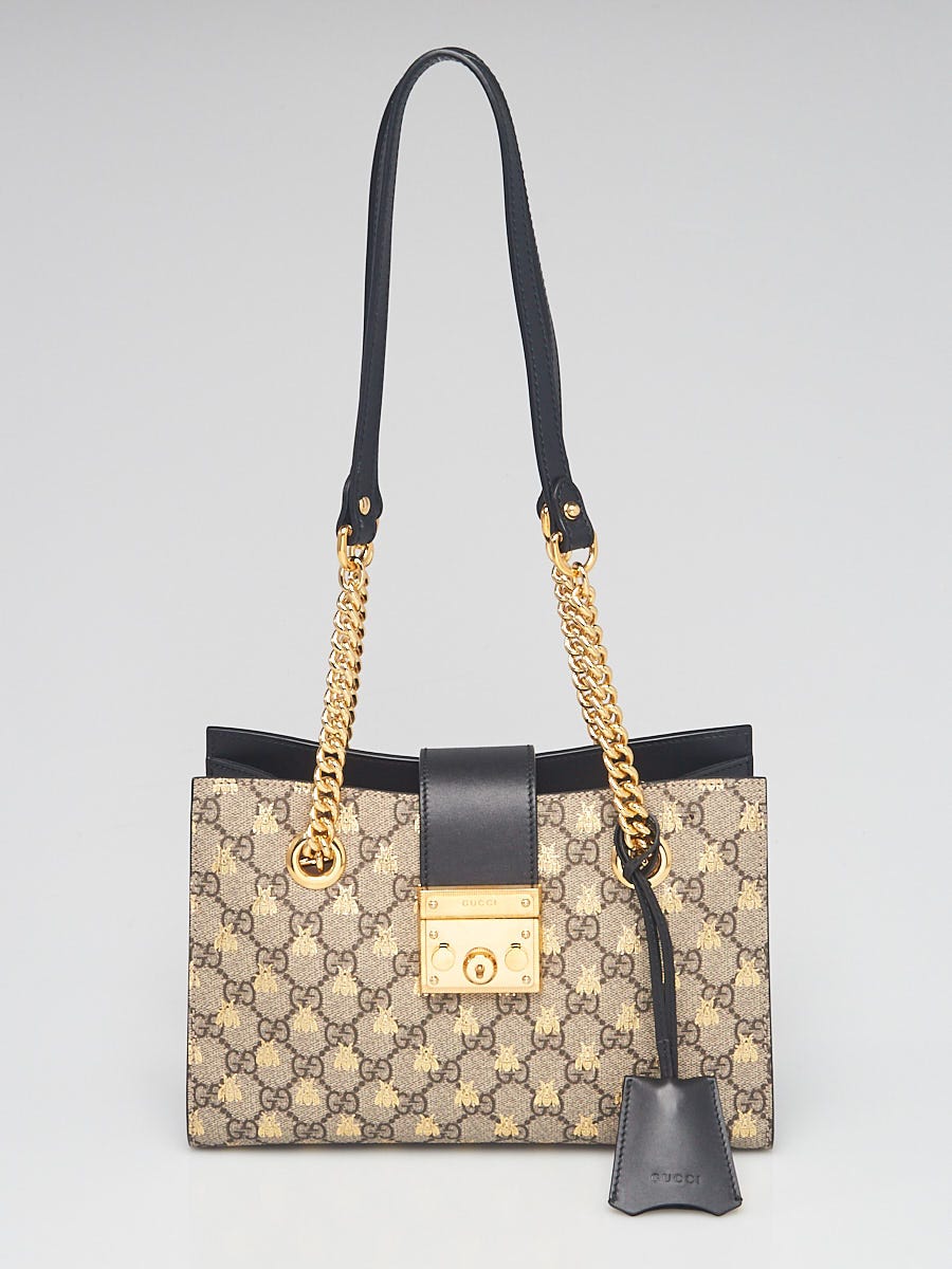 Gucci Bee Padlock Shoulder Bag Beige Ebony Small GG Supreme Leather Handbag  New