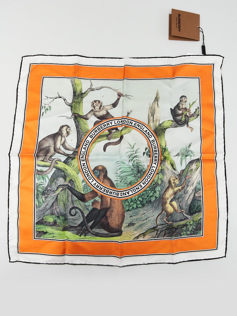 Burberry Orange/White Silk Monkey Print Square Scarf - Yoogi's Closet