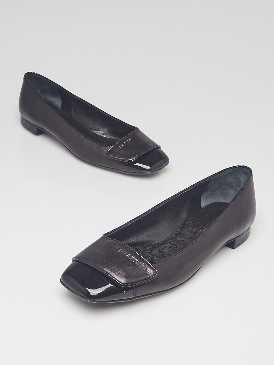 靴 Prada Buckle Flat Pumps Leather 23cm Prada Black Leather/Patent Leather Square Toe Buckle Flats Size 8
