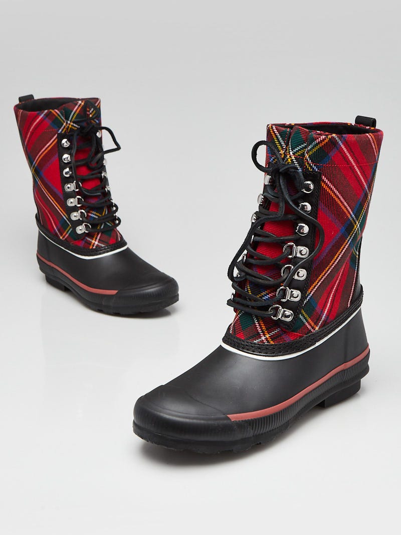 Burberry Black Rubber and Red Vintage Check Rowlette Rain Boots