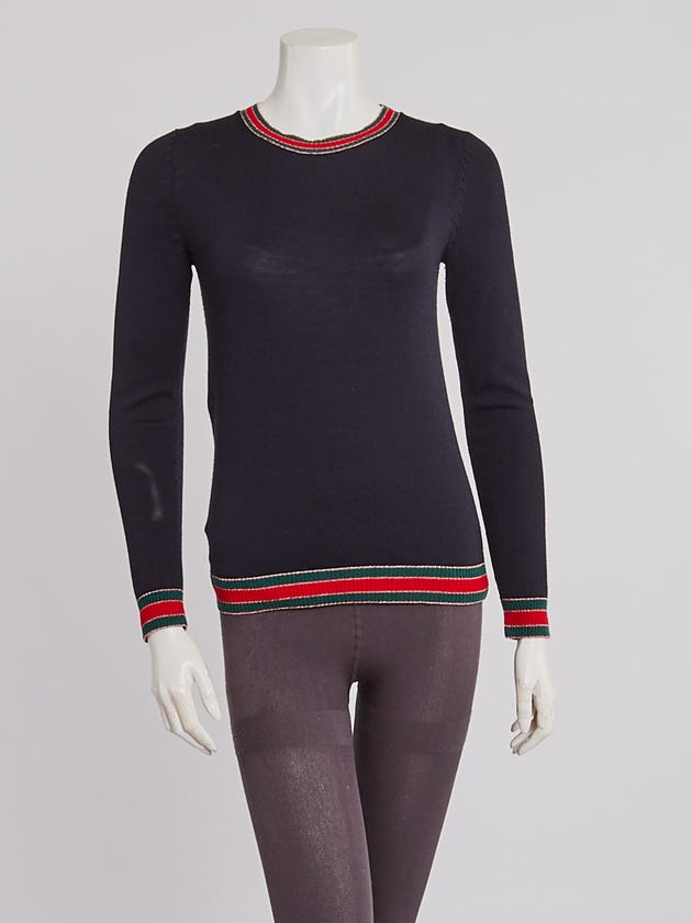 Gucci Navy Blue Wool Vintage Web Crewneck Sweater Size XS