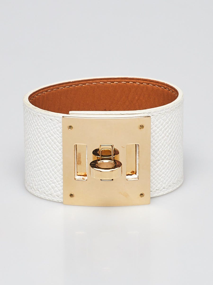 HERMES アイボリー 手鏡 Hermes White Epsom Leather Gold Plated Kelly Dog Bracelet Size S