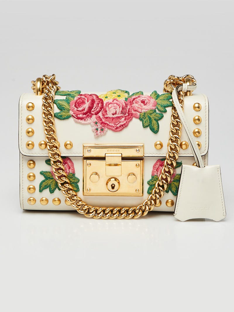 Gucci Small Floral Embroidered Padlock Shoulder Bag in White