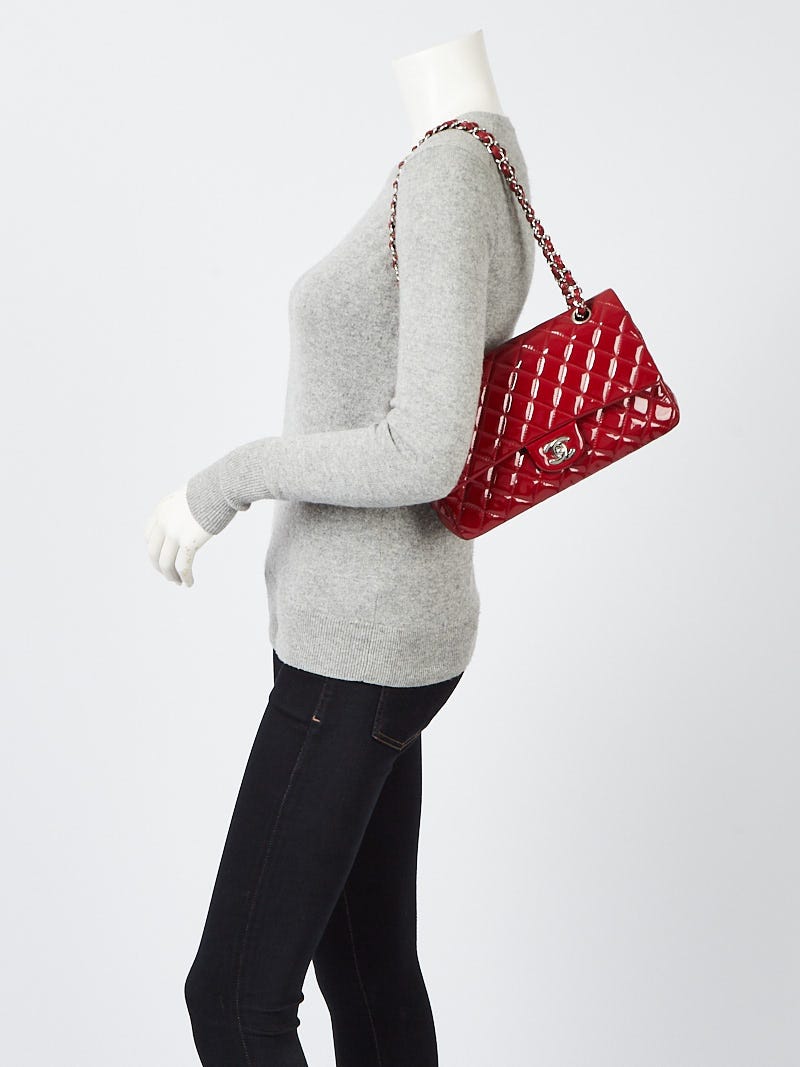 Chanel Red Quilted Patent Leather Classic Medium Double Flap Bag