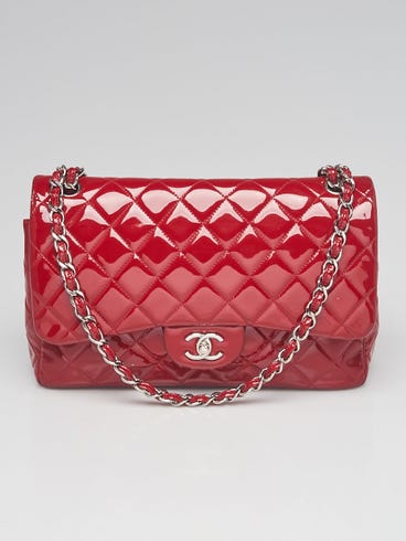 Chanel Red Quilted Patent Leather Classic Jumbo Double Flap Bag