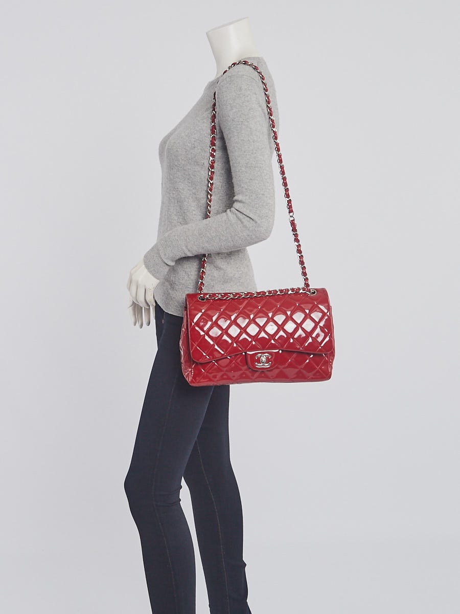 Chanel Red Quilted Patent Leather Classic Jumbo Double Flap Bag	