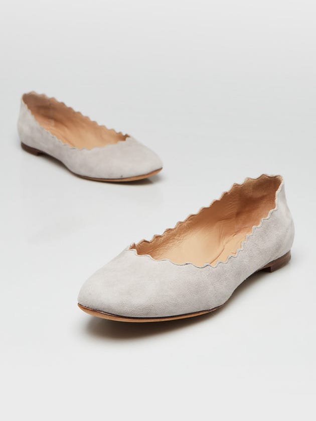 Chloe Grey Suede Scalloped Lauren Ballet Flats Size 4/34.5