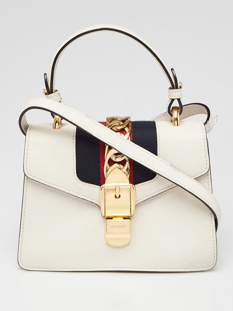 Gucci White Leather Mini Sylvie Top Handle Bag Gold Hardware