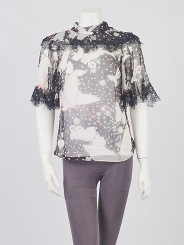 Valentino Black/White Butterfly Print Sheer Silk Blouse Size 2/36