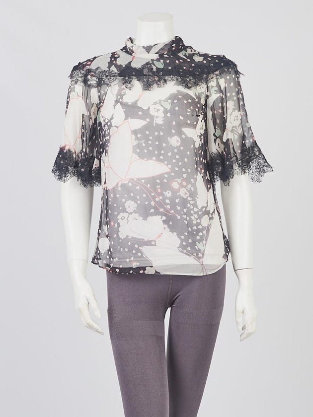 Valentino Black/White Butterfly Print Sheer Silk Blouse Size 2/36