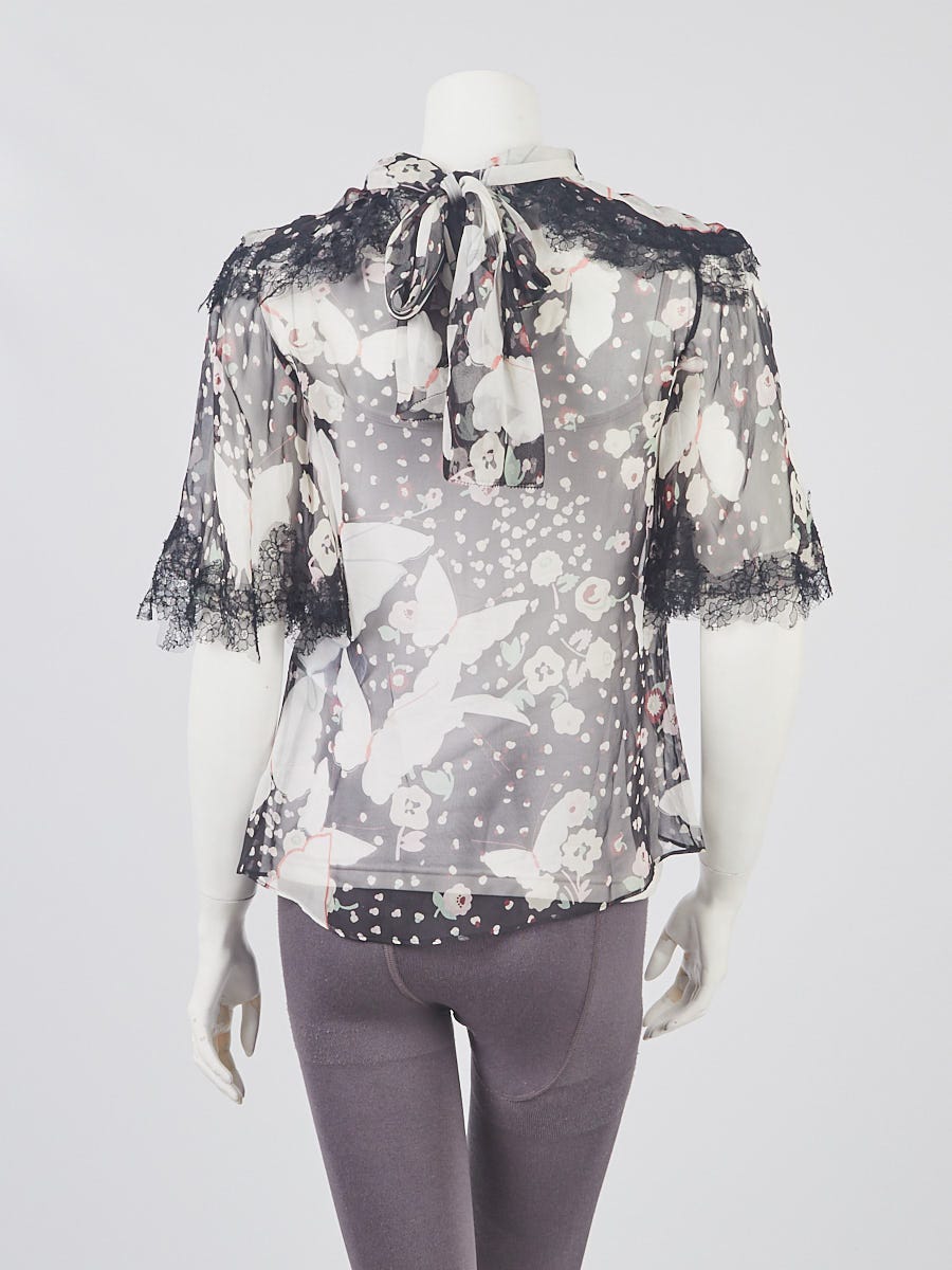 Valentino Black/White Butterfly Print Sheer Silk Blouse Size 2/36