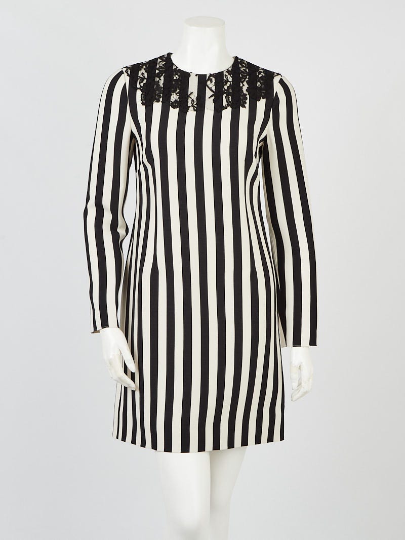 Valentino Black/White Wool Blend Long Sleeve Striped Lace Dress Size 6/40