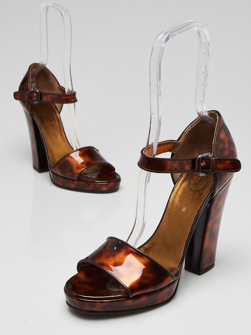 Prada Tortoise Print Patent Leather Open Toe Block Heel Prada Tortoise Print Patent Leather Open Toe Block Heel
