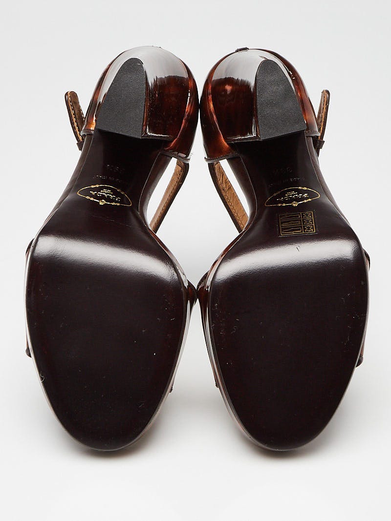 Prada Tortoise Print Patent Leather Open Toe Block Heel Prada Tortoise Print Patent Leather Open Toe Block Heel
