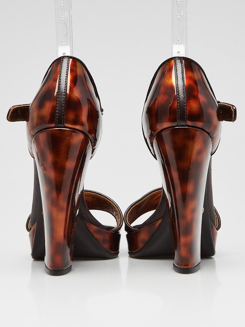 Prada Tortoise Print Patent Leather Open Toe Block Heel Prada Tortoise Print Patent Leather Open Toe Block Heel