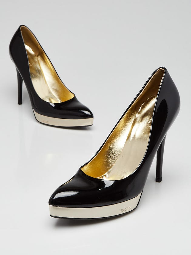 Gucci Black Metallic Patent Leather Pointed Toe Platform Pumps Size 9/39.5