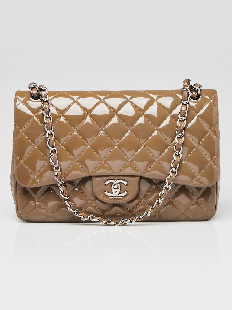 Chanel Dark Beige Quilted Patent Leather Classic Jumbo Double Flap