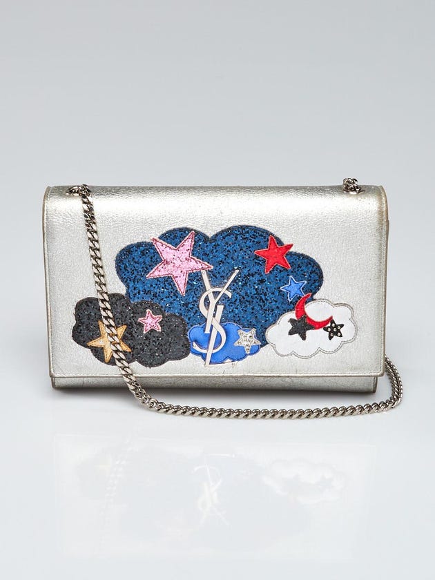 Yves Saint Laurent Silver Leather Cloud Star Monogram Medium Kate Flap Bag