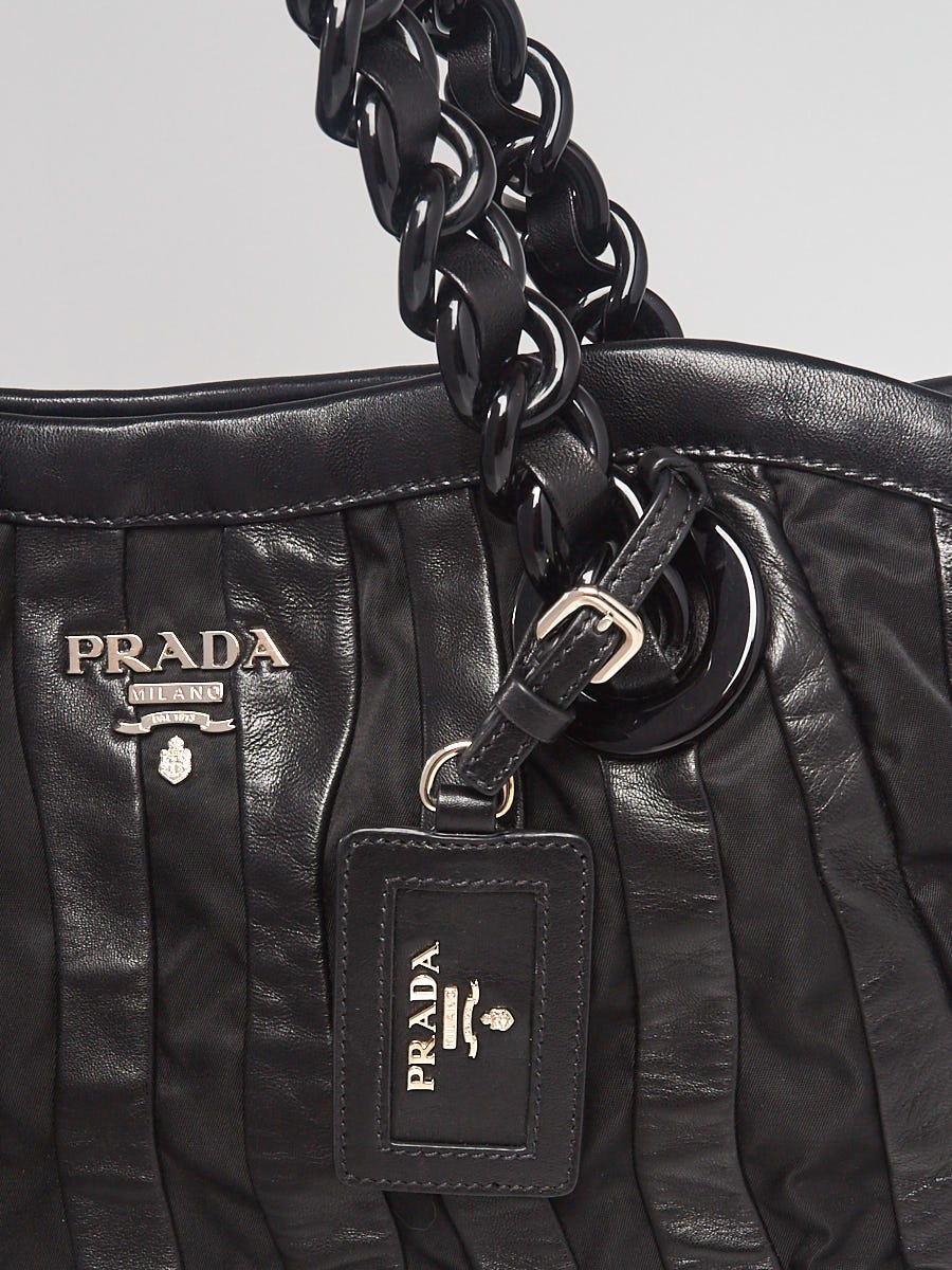 Prada Black Leather and Nylon Striped Tote Bag