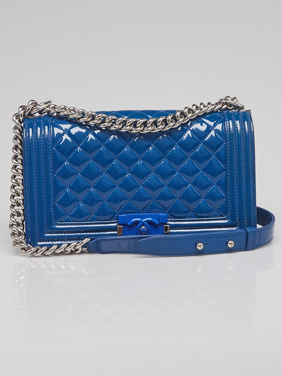 Chanel Blue Quilted Patent Leather Medium Boy Bag - Yoogi's Closet