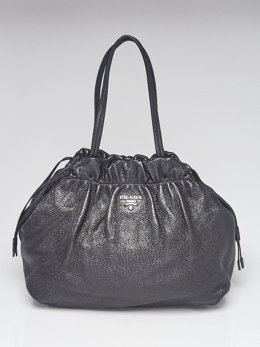Prada Black Textured Leather Drawstring Tote Bag | Yoogi's