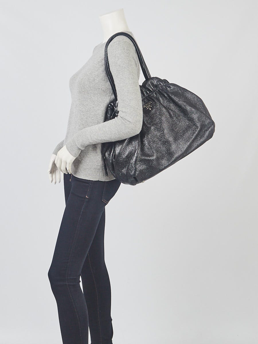 Prada Black Textured Leather Drawstring Tote Bag | Yoogi's