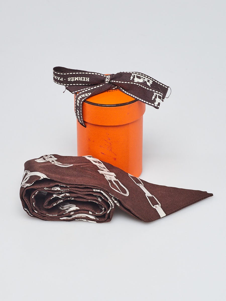 Hermes Brown/White Chain Print Silk Twilly | Yoogi's Closet