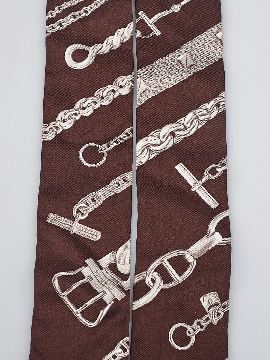 Hermes Brown/White Chain Print Silk Twilly | Yoogi's Closet