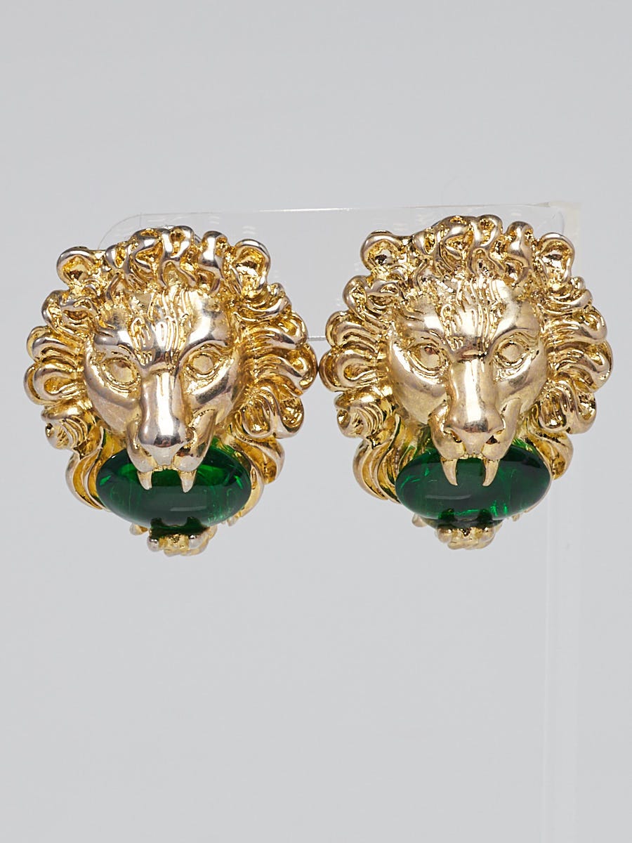 Gucci Goldtone Metal Green Crystal Lion Head Clip-On Earrings - Yoogi's  Closet