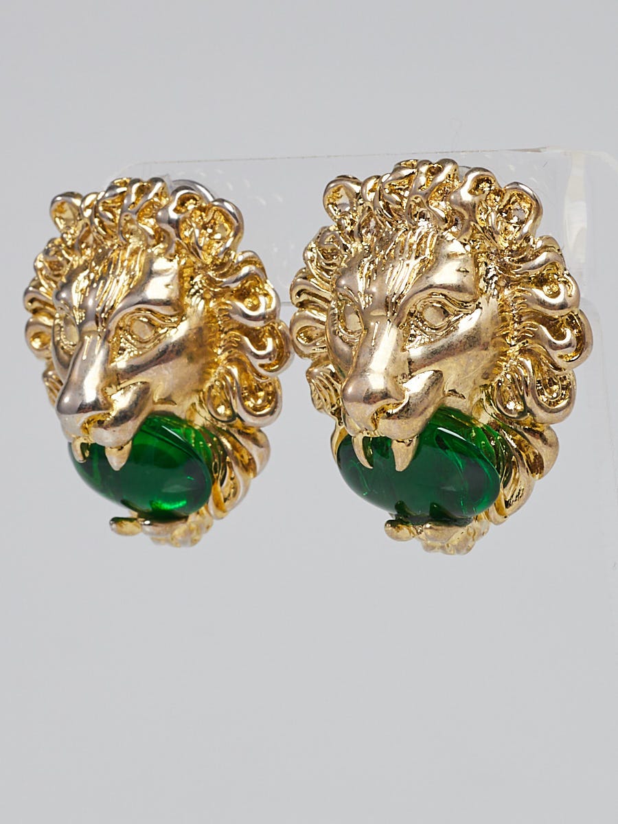 激安通販の Gucci Goldtone Metal Green Crystal Lion Head Clip-On ヘアアクセサリー