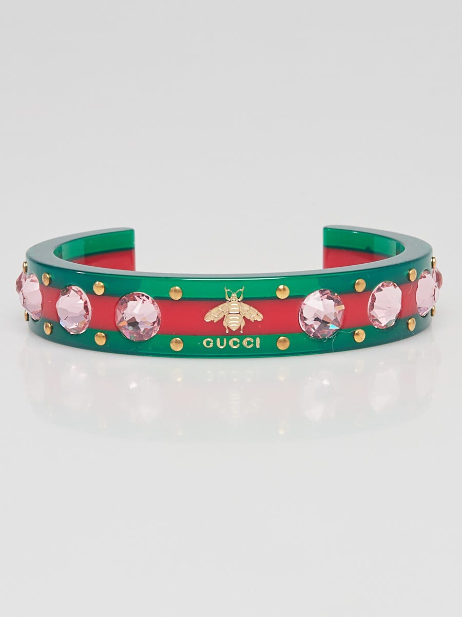 Gucci Green/Red Resin and Crystal Vintage Web Cuff Bracelet Size S -  Yoogi's Closet