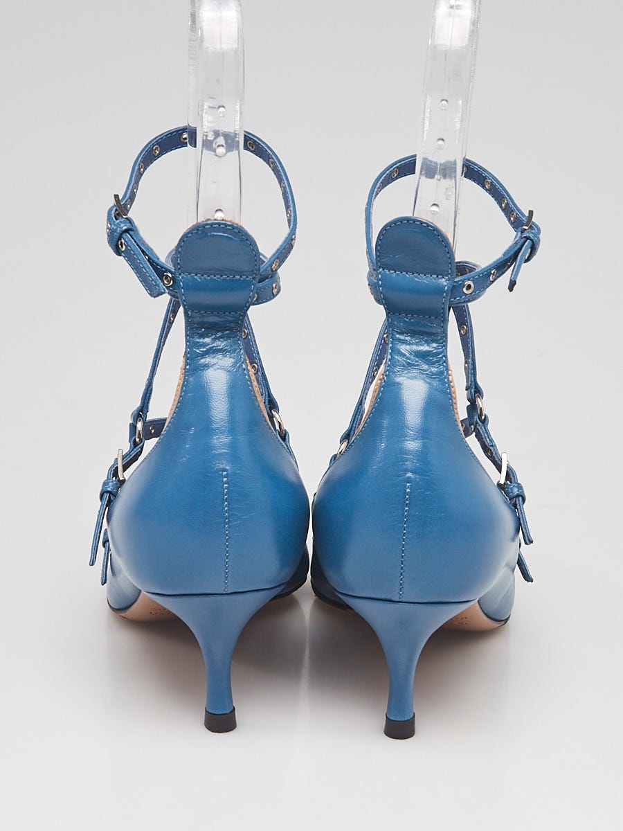 Valentino Blue Beige Leather Grommet Studded Love Latch Ankle Wrap Kitten Heels Size 4.5 35 Yoogi s Closet