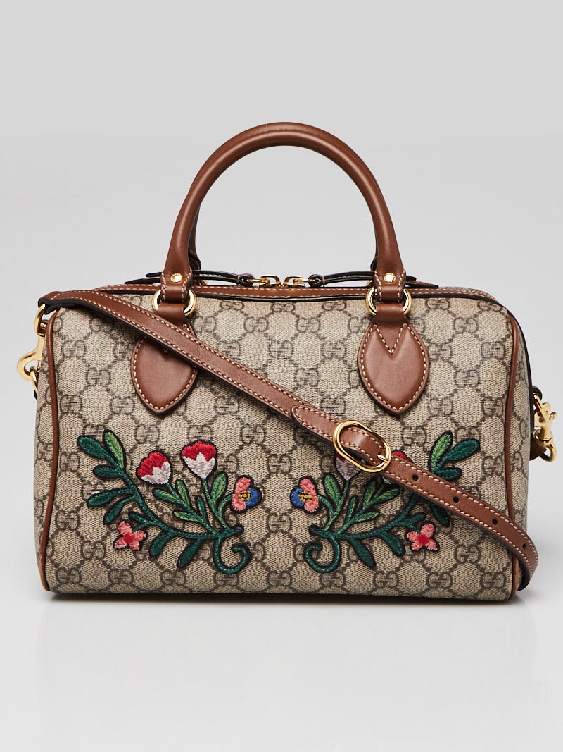Gucci Beige/Ebony GG Supreme Coated Canvas Embroidered Top Handle Small Boston Bag