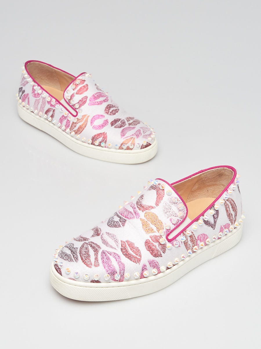 Christian Louboutin White Pink Fabric Lips Embroidered Studded