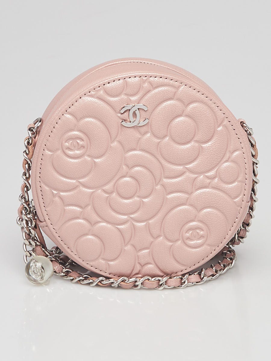 Chanel Iridescent Pink Camellia Embossed Goatskin Leather Round Clutch Bag  - Yoogi's Closet