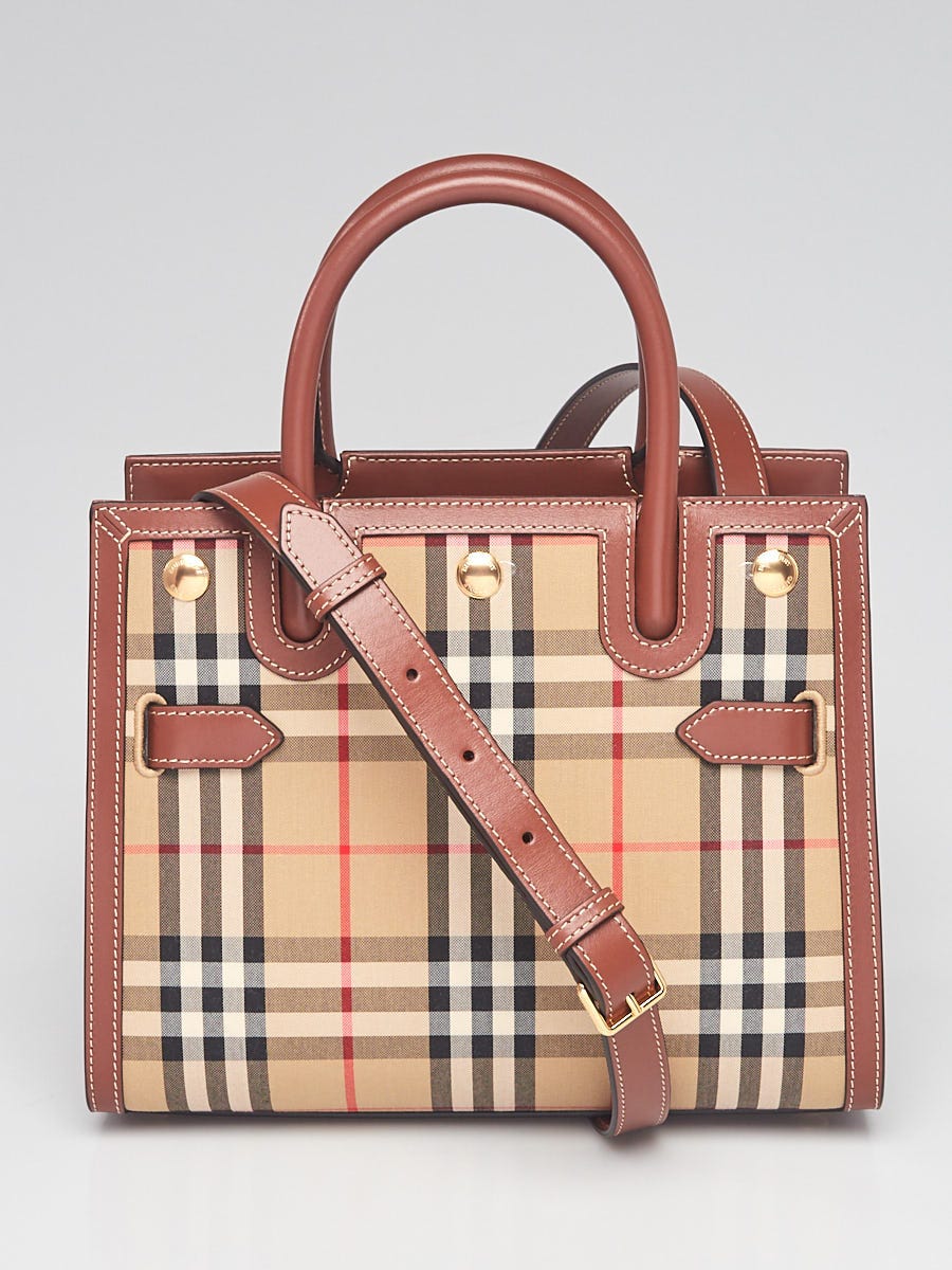 Burberry Brown Leather Vintage Check Canvas Baby Title Tote Bag Yoogi s Closet