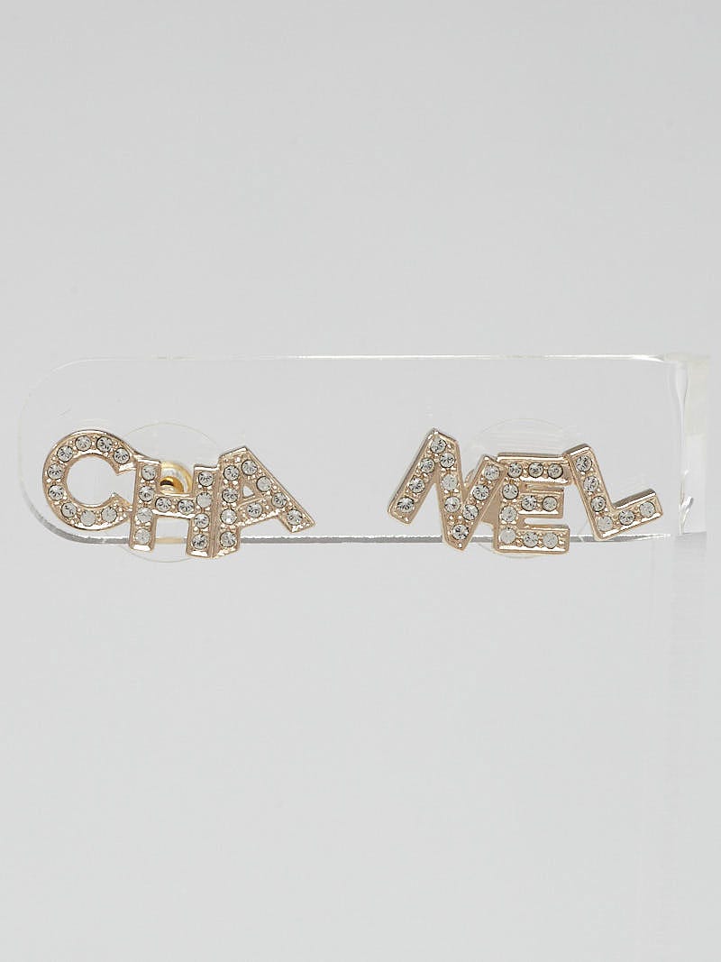 Chanel Gold Metal and Crystal Logo Letter Stud Earrings - Yoogi's