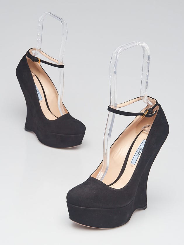 Prada Black Suede Ankle Strap Platform Wedges Size 7.5/38