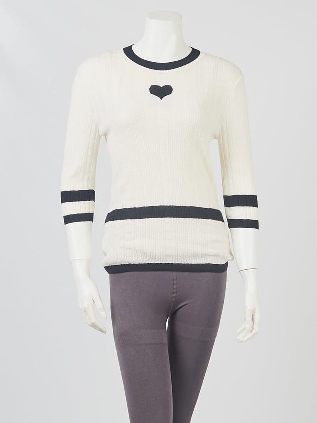 Chanel White/Black Cable Knit Wool 3/4 Sleeve Sweater Size 8/40