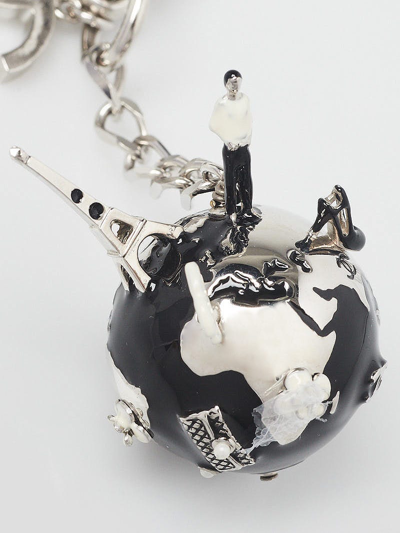 Chanel Silvertone Metal Black Enamel Globe Key Chain and Bag Charm