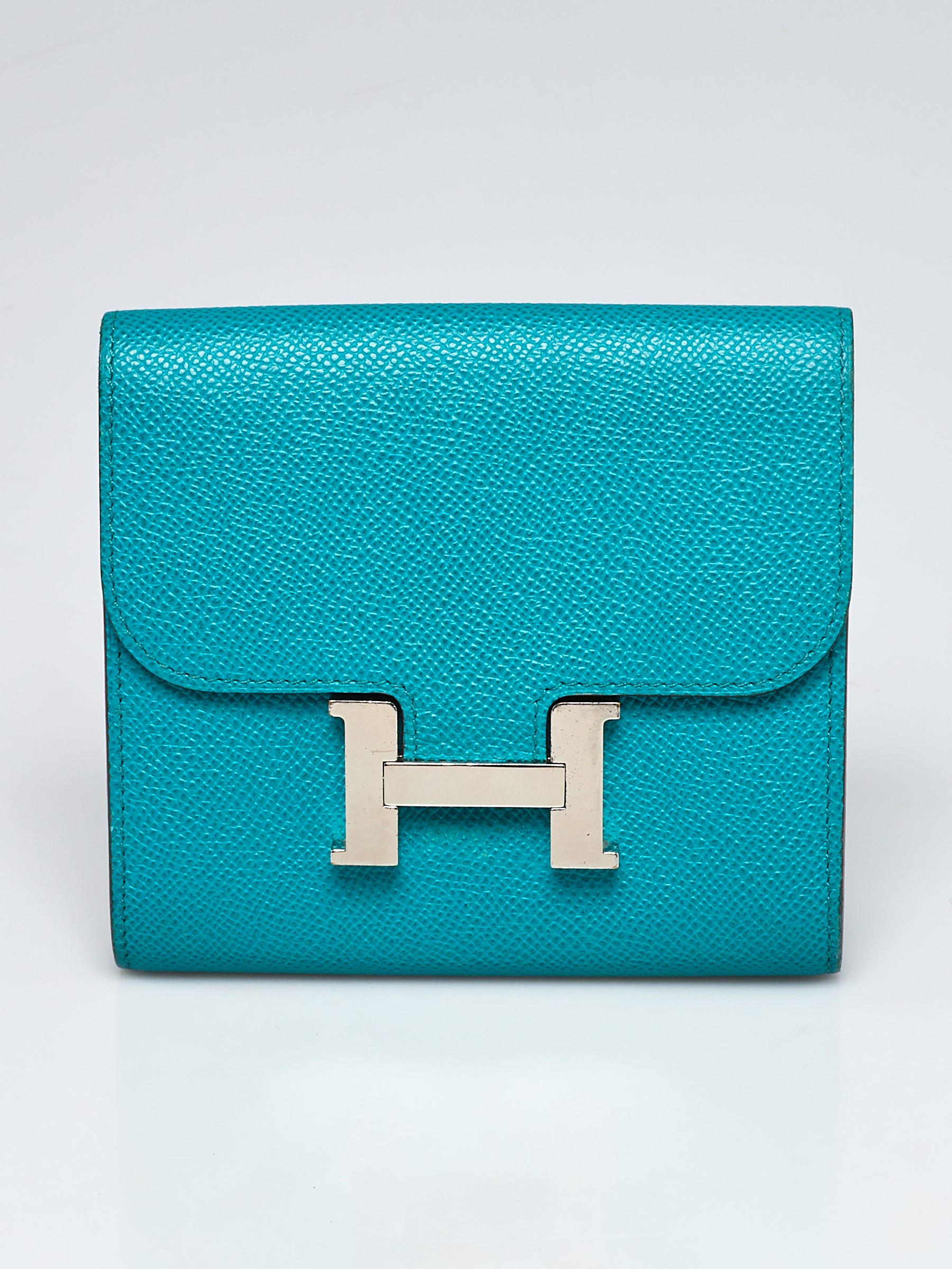HERMES Constance Compact Wallet Blue Epsom Calfskin Leather Lacquered  Palladium