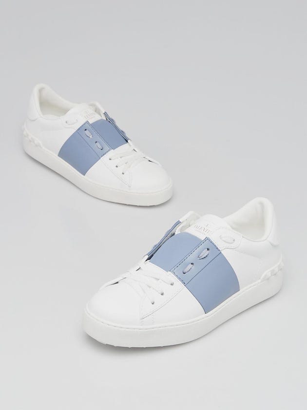 Valentino White/Blue Leather Rockstud Low-Top Sneakers Size 7.5/38
